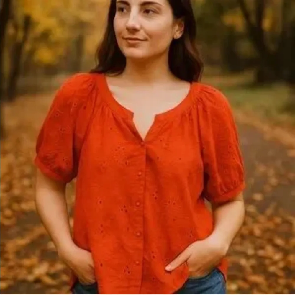 Calypso St. Barth Burnt Orange Eyelet Puffed Sleeve Button Down Cotton Blouse M - Picture 8 of 8